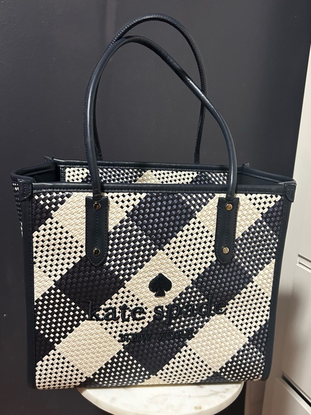 kate spade Navy and Cream Woven Checker Tote